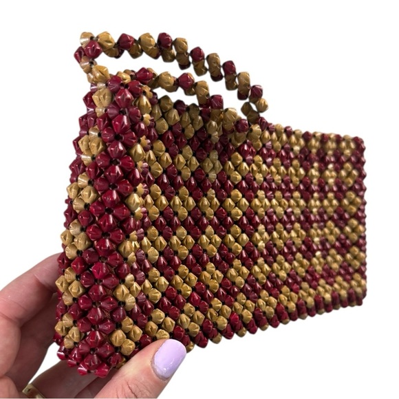 Vintage 60s Wooden Beaded Clutch Wristlet Purse - Picture 7 of 8